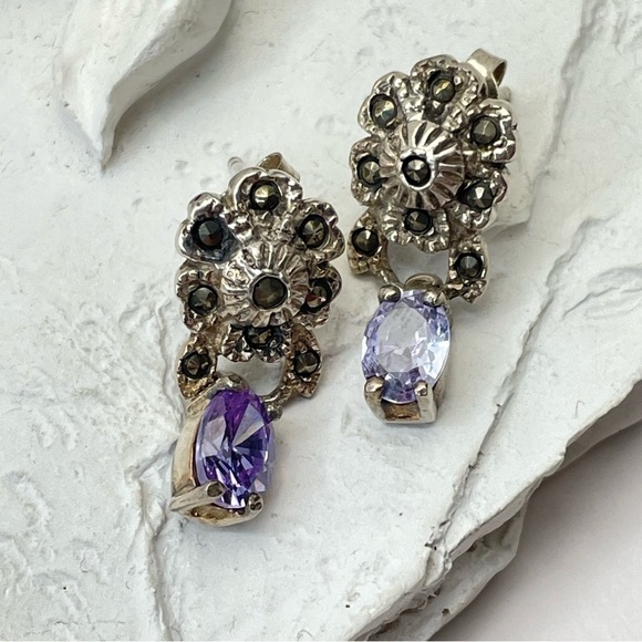 VINTAGE Sterling 925 Dangle Earrings Marcasite Stones With light Violet Stones - Picture 3 of 9